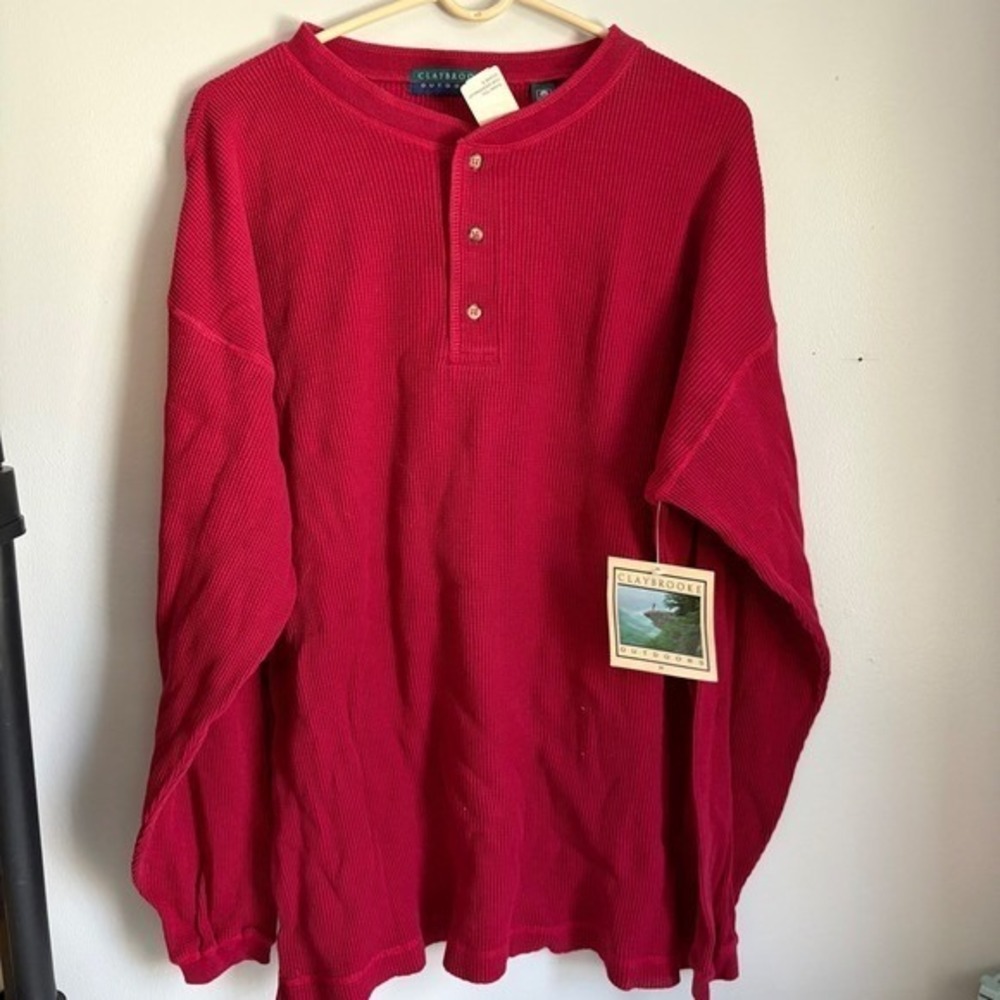 Claybrooke Outdoors‎ Men's M Red Waffle Knit Long Sleeve Thermal Henley Shirt